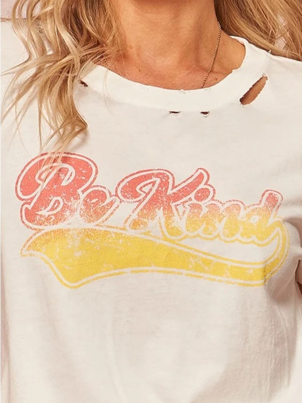 Vintage Tee - White with Pink & Yellow 'Be Kind' Graphic